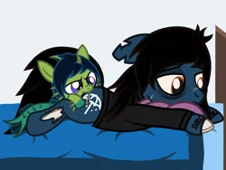 Size: 1600x1200 | Tagged: safe, artist:toyminator900, derpibooru import, oc, oc:demon hellspawn, ponified, ponified:oliver sykes, earth pony, half-siren, hybrid, pony, undead, zombie, zombie pony, baby, bags under eyes, bed, biting, blood, bone, bring me the horizon, butt bite, clothes, colored hooves, commission, curved horn, duo, duo male, fangs, fins, fish tail, floppy ears, hair over one eye, horn, lidded eyes, long sleeves, magical gay spawn, male, offspring, pillow, prone, rainbow blood, scales, scar, shirt, slit eyes, stitches, tattoo, torn ear