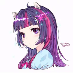 Size: 650x650 | Tagged: safe, artist:jojo0327, derpibooru import, twilight sparkle, human, equestria girls, anime, blushing, bust, cute, cutie mark accessory, eared humanization, female, human coloration, humanized, ponied up, simple background, solo, twiabetes, white background