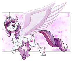 Size: 1332x1135 | Tagged: safe, artist:inuhoshi-to-darkpen, derpibooru import, potion nova, pony, unicorn, my little pony: pony life, abstract background, artificial wings, augmented, chest fluff, cloven hooves, ear fluff, female, fluffy, horn, looking at you, magic, magic wings, mare, one eye closed, smiling, solo, spread wings, transparent wings, unshorn fetlocks, wings, wink