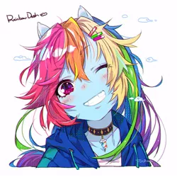 Size: 650x650 | Tagged: safe, artist:jojo0327, derpibooru import, rainbow dash, equestria girls, anime, blushing, bust, choker, chokerdash, clothes, cloud, cute, cutie mark accessory, dashabetes, female, hoodie, looking at you, one eye closed, ponied up, simple background, smiling, solo, white background, wink