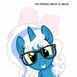 Size: 1024x1024 | Tagged: safe, artist:riofluttershy, derpibooru import, oc, oc:fleurbelle, alicorn, pony, adorabelle, adorkable, alicorn oc, bow, cute, dork, female, glasses, hair bow, horn, mare, meme, smiling, solo, wings, yellow eyes, you don't say