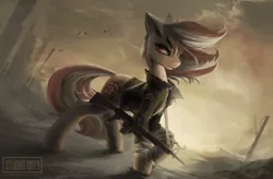 Size: 3451x2267 | Tagged: safe, artist:blvckmagic, derpibooru import, oc, oc:roulette, unofficial characters only, earth pony, pony, fallout equestria, fallout equestria: red 36, assault rifle, clothes, cloud, cloudy, fanfic art, female, gun, hoof wraps, jacket, looking at you, m16, mare, outdoors, rifle, sunset, wasteland, weapon