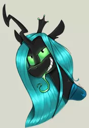 Size: 700x1000 | Tagged: artist:sinrar, bust, changeling, changeling queen, derpibooru import, female, portrait, queen chrysalis, safe, simple background, smiling, smug, solo