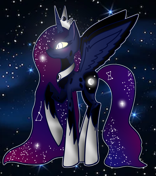 Size: 1600x1800 | Tagged: safe, artist:unikitty66, derpibooru import, princess luna, alicorn, pony, alternate hairstyle, alternate universe, crown, ethereal mane, female, glowing eyes, hoof shoes, jewelry, mare, markings, night, raised hoof, redesign, regalia, solo, space, starry mane, stars