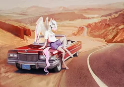 Size: 2048x1430 | Tagged: anthro, artist:dearmary, cadillac, car, derpibooru import, desert, female, oc, pegasus, road, safe, scenery, solo, unguligrade anthro, unofficial characters only