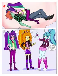 Size: 4578x5988 | Tagged: safe, artist:sodaska, derpibooru import, adagio dazzle, aria blaze, sonata dusk, oc, oc:ruby sword, equestria girls, bait and switch, bedroom eyes, blushing, butt grab, butt touch, canon x oc, embrace, grabbing hair, grope, hair grab, hand on butt, hand on chest, hand on head, heart, holding head, kissing, looking at each other, lucky bastard, making out, on top, pointing, shared dream, shipping, stroking hair, teasing, the dazzlings, thought bubble, tsundaria, tsundere