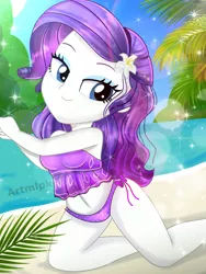 Size: 1800x2400 | Tagged: safe, artist:artmlpk, derpibooru import, rarity, equestria girls, adorable face, adorasexy, alternate hairstyle, beach, beautiful, bikini, bikini bottom, bikini top, clothes, cute, digital art, female, flower, flower in hair, lidded eyes, looking at you, ocean, palm tree, raribetes, sexy, sleeveless, smiling, smiling at you, solo, stupid sexy rarity, swimsuit, tree, two piece swimsuit, water, watermark, wet