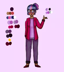 Size: 1600x1800 | Tagged: safe, artist:unikitty66, derpibooru import, twilight sparkle, human, alternate hairstyle, blushing, clothes, dark skin, female, flats, glasses, hair bun, hoodie, humanized, jeans, open mouth, pants, purple background, reference sheet, shirt, shoes, simple background, solo, t-shirt