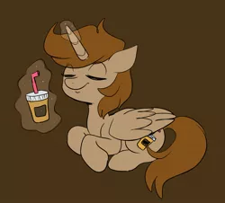 Size: 2048x1849 | Tagged: safe, artist:leslers, derpibooru import, oc, oc:leslers, unofficial characters only, alicorn, pony, alicorn oc, brown background, eyes closed, glowing horn, horn, magic, prone, simple background, smoothie, solo, telekinesis, wings