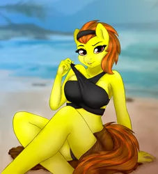 Size: 1224x1348 | Tagged: anthro, artist:jerraldina, beach, bikini, breasts, cleavage, clothes, commission, derpibooru import, female, oc, ocean, oc:terra, sarong, solo, solo female, suggestive, swimsuit, unofficial characters only, ych result