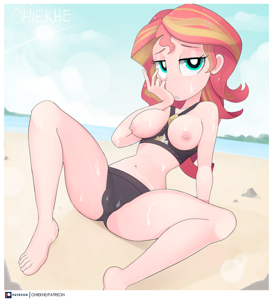 Size: 2063x2267 | Tagged: questionable, artist:ohiekhe, derpibooru import, sunset shimmer, equestria girls, areola, barefoot, beach, belly button, breasts, busty sunset shimmer, cameltoe, clothes, cutie mark, cutie mark on clothes, exposed breasts, feet, female, human coloration, image, lens flare, lidded eyes, light skin, looking at you, nipples, nudity, ocean, outdoors, png, sand, sitting, solo, solo female, spread legs, spreading, sunset shimmer's beach shorts swimsuit, sweat, swimsuit