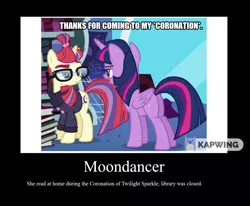 Size: 1280x1057 | Tagged: safe, artist:thor-disciple, derpibooru import, edit, edited screencap, screencap, moondancer, twilight sparkle, twilight sparkle (alicorn), alicorn, pony, unicorn, amending fences, black background, book, bookshelf, caption, clothes, demotivational poster, female, image macro, mare, meme, sarcasm, simple background, sweater, text, twilight's canterlot home