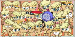 Size: 2100x1050 | Tagged: safe, artist:butterbat, derpibooru import, edit, edited screencap, screencap, applejack, earth pony, pony, bighoof walking, how applejack got her hat back, my little pony: pony life, princess probz, spoiler:pony life s01e01, spoiler:pony life s01e04, spoiler:pony life s01e08, spoiler:pony life s01e09, aviator hat, beret, bipedal, cute, faic, female, firemare jack, flyerjack, fourth wall, glare, hat, helmet, jackabetes, looking at each other, mare, multeity, self ponidox, smiling, spacesuit, squishy cube, tongue out