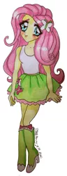 Size: 1458x3803 | Tagged: safe, alternate version, artist:psbellbunny, derpibooru import, fluttershy, equestria girls, anime eyes, anime style, blushing, clothes, eyelashes, female, hairclip, high heels, shoes, signature, simple background, skirt, smiling, socks, solo, traditional art, uguu, white background