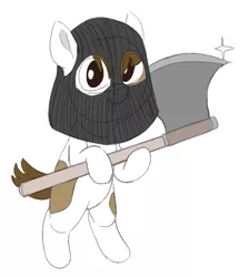 Size: 711x794 | Tagged: safe, artist:heretichesh, derpibooru import, pipsqueak, earth pony, pony, axe, colt, executioner, male, mask, out of character, simple background, solo, weapon, white background