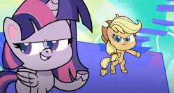 Size: 1593x845 | Tagged: safe, derpibooru import, screencap, applejack, twilight sparkle, all bottled up (pony life), my little pony: pony life, spoiler:pony life s01e15, spoiler:pony life s01e23, applejack is not amused, bipedal, smug, unamused