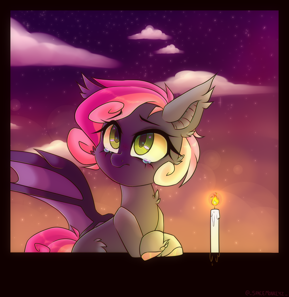 Size: 1385x1424 | Tagged: safe, artist:_spacemonkeyz_, derpibooru import, oc, oc:fizzle berry, bat pony, candle, crying, sky, solo