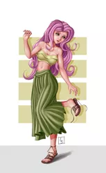 Size: 3040x4960 | Tagged: safe, artist:beamsaber, derpibooru import, fluttershy, human, bandeau, bare shoulders, belly button, breasts, busty fluttershy, clothes, female, humanized, long skirt, midriff, nail polish, sandals, shoes, signature, simple background, skirt, sleeveless, solo, strapless, toenail polish