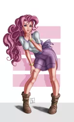 Size: 3040x4960 | Tagged: safe, artist:beamsaber, derpibooru import, pinkie pie, human, boots, breasts, busty pinkie pie, clothes, dress, female, humanized, pose, shoes, signature, simple background, smiling, solo