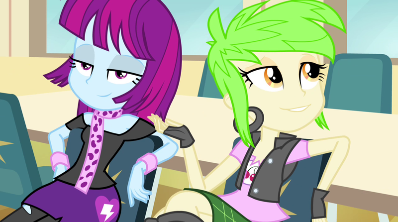 Size: 1280x714 | Tagged: safe, derpibooru import, edit, edited screencap, editor:slayerbvc, screencap, cherry crash, mystery mint, equestria girls, rainbow rocks, clothes, ear piercing, earring, female, fingerless gloves, gloves, jewelry, no makeup edit, piercing, scarf, sitting, vest, wristband