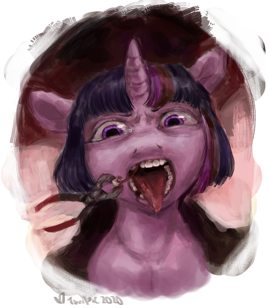 Size: 4309x4940 | Tagged: grimdark, artist:misstwipietwins, derpibooru import, twilight sparkle, pony, unicorn, absurd resolution, blood, female, solo, teeth, teeth pulling, vein