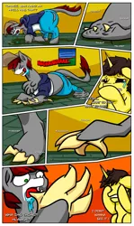 Size: 1920x3226 | Tagged: safe, artist:khaki-cap, derpibooru import, oc, oc:khaki-cap, oc:tommy the human, alicorn, earth pony, pony, comic:magical mishaps, alicorn oc, claws, comic, comic page, commissioner:bigonionbean, confused, crying, disturbing, drool, drool on face, earth pony oc, hiding face, horn, jean thicc, multiple characters, pain, pony to griffon, swelling, transformation, transformation sequence, wings, worried