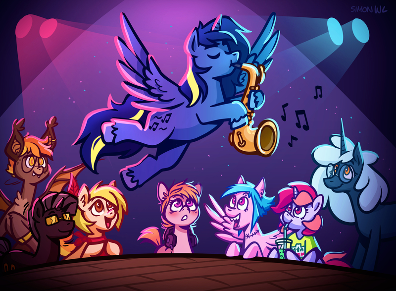 Size: 3000x2200 | Tagged: safe, artist:simondrawsstuff, derpibooru import, oc, oc:cassette pony, oc:cookie malou, oc:dawnfire, oc:glitterbug, oc:noteworthy, oc:pitch black, oc:pixie bell, oc:sweet treats, unofficial characters only, alicorn, bat pony, earth pony, pegasus, pony, unicorn