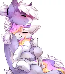 Size: 2213x2524 | Tagged: safe, artist:suplolnope, derpibooru import, oc, oc:aurryhollows, oc:foxypone, unofficial characters only, earth pony, pegasus, pony, aurrone, cheek fluff, hug, simple background, white background