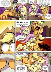 Size: 1204x1700 | Tagged: safe, artist:tarkron, derpibooru import, applejack, fluttershy, earth pony, pegasus, pony, comic:what happens in las pegasus, coma, comic, drinking, elbowing, facedesk, female, implied heart attack, insurance, insurance fraud, male, playing dead, punched, shadowed face, speech bubble, spitting