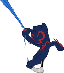 Size: 1280x1448 | Tagged: safe, artist:mlp-trailgrazer, derpibooru import, oc, oc:evan, pony, unicorn, clothes, cosplay, costume, male, simple background, solo, spider-man, spider-man 2099, stallion, transparent background