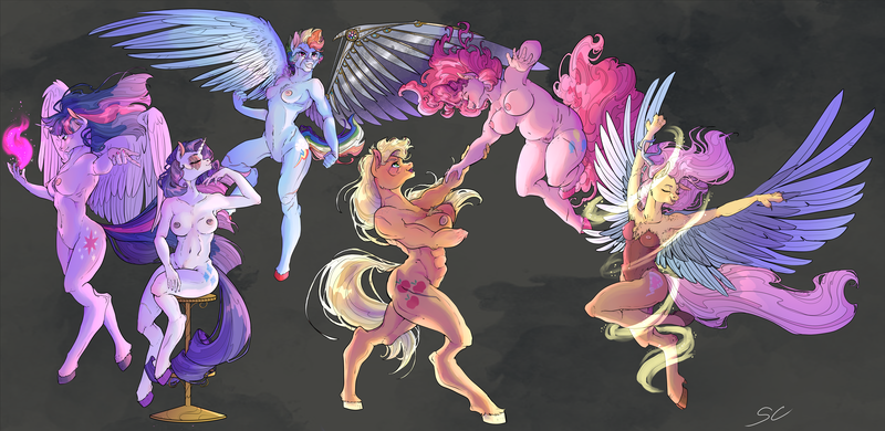Size: 8974x4376 | Tagged: questionable, artist:sourcherry, derpibooru import, applejack, fluttershy, pinkie pie, rainbow dash, rarity, twilight sparkle, twilight sparkle (alicorn), alicorn, anthro, draconequus, earth pony, pegasus, unguligrade anthro, unicorn, fanfic:my little pony: the unexpected future, amputee, applejacked, artificial wings, augmented, breasts, busty applejack, busty fluttershy, busty mane six, busty pinkie pie, busty rainbow dash, busty rarity, busty twilight sparkle, commission, cutie mark, dancing, draconequified, female, females only, flutterequus, flying, horn, magic, mane six, mechanical wing, missing eye, missing hand, missing limb, muscles, naked six, nipples, nudity, pose, poses, species swap, stump, wings