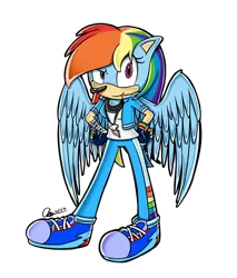 Size: 1258x1474 | Tagged: safe, artist:mysteryart716, artist:mysteryponyfan, banned from derpibooru, deleted from derpibooru, derpibooru import, part of a set, rainbow dash, anthro, hedgehog, plantigrade anthro, clothes, cutie mark necklace, female, image, mobian, png, shoes, simple background, solo, sonicified, sonic the hedgehog (series), species swap, style emulation, transparent background, wings, yuji uekawa style