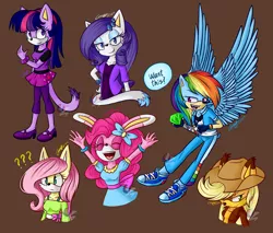 Size: 2399x2046 | Tagged: safe, artist:mysteryart716, artist:mysteryponyfan, banned from derpibooru, deleted from derpibooru, derpibooru import, applejack, fluttershy, pinkie pie, rainbow dash, rarity, twilight sparkle, anthro, cat, coyote, fox, hedgehog, rabbit, animal, bracelet, bunnified, bunny pie, catified, chaos emerald, clothes, crossover, cutie mark necklace, dialogue, eyes closed, female, hat, image, jewelry, mane six, mobian, open mouth, png, question mark, shoes, smiling, sonicified, sonic the hedgehog (series), species swap, vixen, watermark, wings