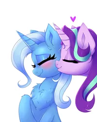 Size: 2400x3000 | Tagged: safe, artist:confetticakez, derpibooru import, starlight glimmer, trixie, pony, unicorn, blushing, chest fluff, eyes closed, female, high res, lesbian, mare, shipping, simple background, smiling, smooch, startrix, white background