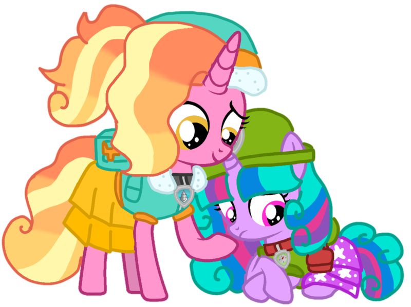 Size: 1331x996 | Tagged: safe, alternate version, artist:徐詩珮, derpibooru import, luster dawn, oc, oc:velvet berrytwist, alicorn, pony, unicorn, bubbleverse, series:sprglitemplight diary, series:sprglitemplight life jacket days, series:springshadowdrops diary, series:springshadowdrops life jacket days, alicornified, alternate universe, background removed, backpack, base used, clothes, collar, crossed hooves, dress, duo, everest (paw patrol), eyelashes, female, filly, frown, hat, lying down, magical lesbian spawn, magical threesome spawn, mare, multiple parents, next generation, offspring, parent:glitter drops, parent:spring rain, parent:tempest shadow, parent:twilight sparkle, parents:glittershadow, parents:sprglitemplight, parents:springdrops, parents:springshadow, parents:springshadowdrops, paw patrol, prone, race swap, raised hoof, simple background, smiling, teenager, tracker (paw patrol), transparent background, younger