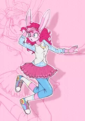 Size: 1884x2694 | Tagged: action pose, animal, anthro, artist:mysteryart716, bracelet, clothes, converse, derpibooru import, female, jewelry, jumping, mobian, necktie, part of a set, pinkie pie, plantigrade anthro, rabbit, safe, shirt, shoes, skirt, socks, solo, sonicified, sonic the hedgehog (series), species swap, vest, zoom layer