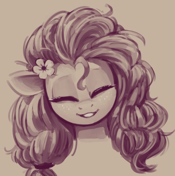 Size: 1479x1489 | Tagged: safe, artist:napalm express, derpibooru import, pear butter, earth pony, pony, bust, explicit source, female, flower, flower in hair, mare, monochrome, simple background, smiling, solo