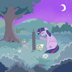 Size: 1500x1500 | Tagged: safe, artist:hjfbjyfgjyt, derpibooru import, spike, twilight sparkle, twilight sparkle (alicorn), alicorn, dragon, ghost, pony, undead, abuse, bouquet, crescent moon, crying, female, flower, grave, gravestone, implied death, male, mare, moon, night, night sky, sky, spikeabuse, tree, winged spike