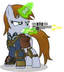 Size: 5015x5589 | Tagged: safe, artist:vector-brony, derpibooru import, oc, oc:littlepip, unofficial characters only, pony, unicorn, fallout equestria, fanfic, absurd resolution, bag, clothes, fanfic art, female, glowing horn, gritted teeth, gun, handgun, hooves, horn, levitation, little macintosh, magic, mare, optical sight, pipbuck, revolver, saddle bag, scope, shooting, simple background, solo, telekinesis, transparent background, vault suit, weapon