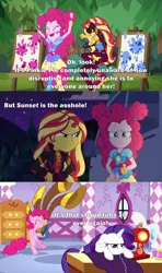 Size: 2000x3375 | Tagged: safe, derpibooru import, edit, edited screencap, screencap, pinkie pie, rarity, sunset shimmer, earth pony, pony, unicorn, equestria girls, equestria girls series, sunset's backstage pass!, yakity-sax, spoiler:eqg series (season 2), angry, annoyed, caption, carousel boutique, cellspex, comic, eyes closed, female, hands on hip, image macro, mare, op has a point, paint, paint splatter, quote, reference, rv, sad, screencap comic, sewing machine, text, tree, yovidaphone