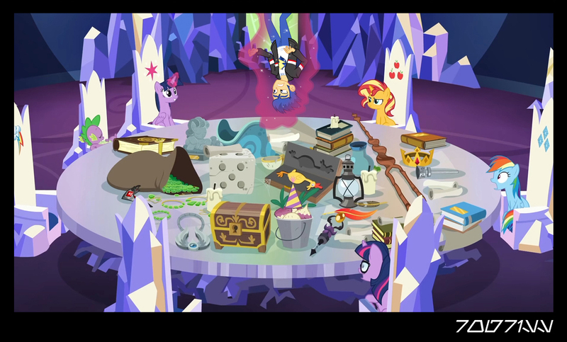 Size: 1288x778 | Tagged: safe, derpibooru import, edit, edited screencap, editor:teren rogriss, screencap, boneless, flash sentry, mr. turnip, rainbow dash, sci-twi, spike, sunset shimmer, twilight sparkle, twilight sparkle (alicorn), ponified, alicorn, dragon, pegasus, pony, unicorn, equestria girls, equestria girls series, spring breakdown, spoiler:eqg series (season 2), alicorn amulet, book, bucket, candle, chest, crown, crown of grover, dice, double twilight, equestria girls ponified, friendship throne, glowpaz, jewelry, lantern, levitation, magic, magic aura, quill, radish, regalia, scroll, staff, staff of sameness, talisman of mirage, telekinesis, throne, throne room, twilight's castle, twolight, unicorn sci-twi