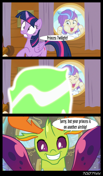 Size: 1288x2206 | Tagged: safe, derpibooru import, edit, edited screencap, editor:teren rogriss, screencap, sunny side, thorax, twilight sparkle, twilight sparkle (alicorn), alicorn, changedling, changeling, pony, once upon a zeppelin, airship, changeling magic, cute, king thorax, thorabetes, translation