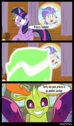 Size: 1288x2206 | Tagged: safe, derpibooru import, edit, edited screencap, editor:teren rogriss, screencap, sunny side, thorax, twilight sparkle, twilight sparkle (alicorn), alicorn, changedling, changeling, pony, once upon a zeppelin, airship, changeling magic, cute, king thorax, thorabetes, translation