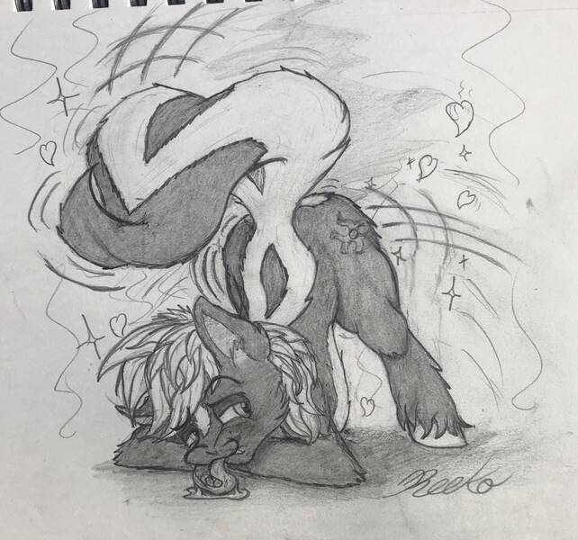 Size: 1465x1370 | Tagged: safe, artist:reekosukanku, derpibooru import, oc, oc:reeko, pony, skunk, skunk pony, drool, face down ass up, male, monochrome, solo, stallion, tongue out, traditional art