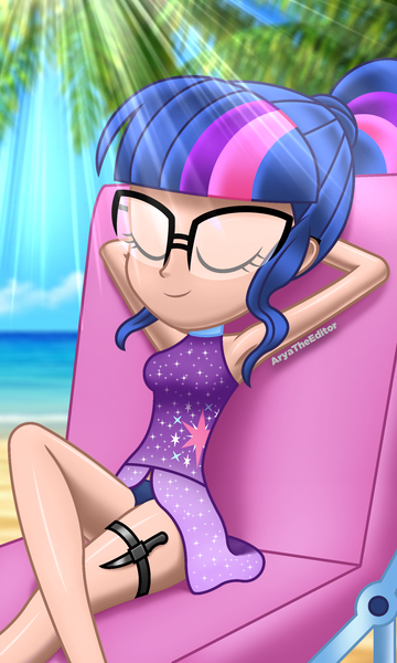 Size: 1500x2500 | Tagged: safe, artist:aryatheeditor, color edit, derpibooru import, edit, editor:michaelsety, sci-twi, twilight sparkle, equestria girls, adorasexy, alternate design, armed, armpits, beach, beach chair, clothes, colored, crossed legs, cute, cutie mark, day, digital art, eyes closed, female, geode of telekinesis, glass, glasses, headcanon, human coloration, knife, leg strap, legs, light skin, light skin edit, magical geodes, palm tree, powerful sparkle, prepared, relaxed, relaxing, sexy, sitting, skin color edit, sleeping, sleeveless, solo, swimsuit, thighs, tree, twiabetes, weapon