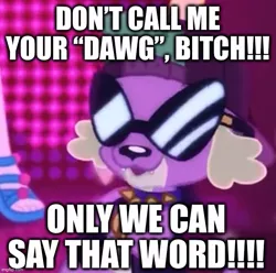 Size: 701x696 | Tagged: safe, derpibooru import, edit, edited screencap, screencap, pinkie pie, spike, spike the regular dog, dog, equestria girls, equestria girls series, i'm on a yacht, spoiler:eqg series (season 2), caption, dawg, image macro, implied racial slur, implied racism, parody, rapper spike, shitposting, solo focus, sunglasses, text, vulgar