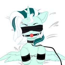 Size: 2000x2000 | Tagged: suggestive, artist:kartoha200505, derpibooru import, oc, oc:arcana formula, unofficial characters only, alicorn, pony, alicorn oc, annoyed, ballgag, bdsm, bed, blanket, blindfold, blushing, bondage, collar, commission, cross-popping veins, cuffs, female, femsub, gag, horn, leash, mare, pet play, solo, solo female, submissive, wings, ych result