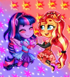 Size: 1100x1200 | Tagged: safe, artist:meqiopeach, derpibooru import, sci-twi, sunset shimmer, twilight sparkle, equestria girls, equestria girls series, forgotten friendship, art, blushing, charm, chibi, clothes, cutie mark, cutie mark background, drawing, dress, female, floating, full body, holding hands, lesbian, love, ponied up, scitwishimmer, shipping, smiling, stars, sun, sunsetsparkle, super ponied up, wings