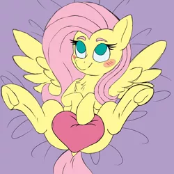Size: 2048x2048 | Tagged: suggestive, artist:nevermore228, derpibooru import, fluttershy, pegasus, pony, blushing, covering, cute, dock, female, heart, heart pillow, hug, on back, pillow, pillow hug, shyabetes, solo