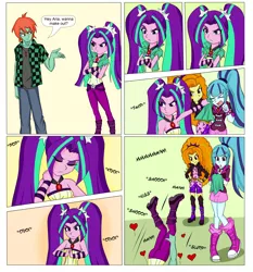 Size: 5578x5988 | Tagged: safe, artist:sodaska, derpibooru import, adagio dazzle, aria blaze, sonata dusk, oc, oc:ruby sword, equestria girls, bait and switch, bare shoulders, bedroom eyes, canon x oc, comic, cracking knuckles, imminent public sex, inminent sex, kissing, looking at each other, lucky bastard, making out, mwah, neck crack, onomatopoeia, pounce, resting bitch face, shipping, sleeveless, smooch, sound effects, strapless, the dazzlings, thumbs up, tsundaria, tsundere, undressing